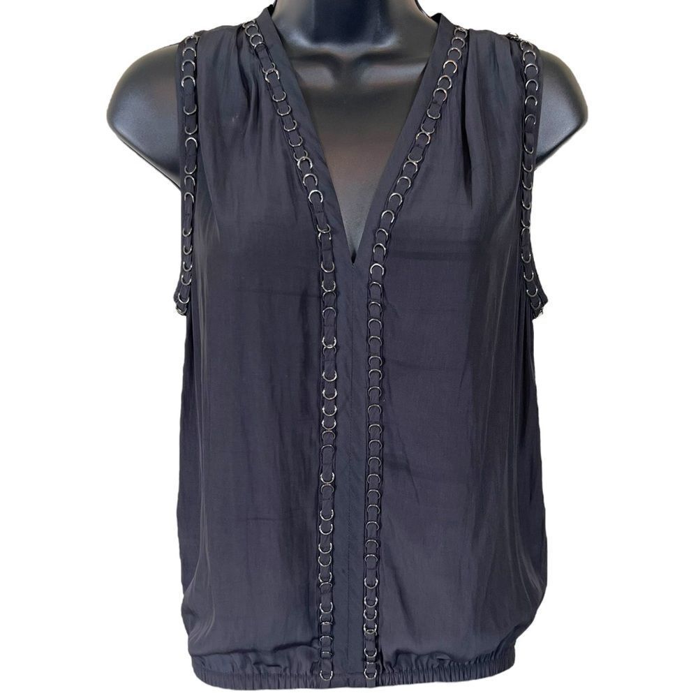 Ramy Brook Julia Steampunk V-Neck Sleeveless Blouse with Stud Ring Details